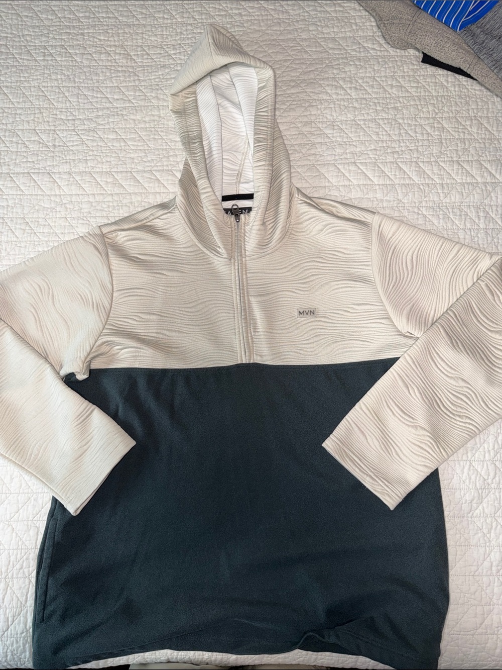 MVN Men's Two-Tone Half-Zip Hooded Sweater in Cream and Black